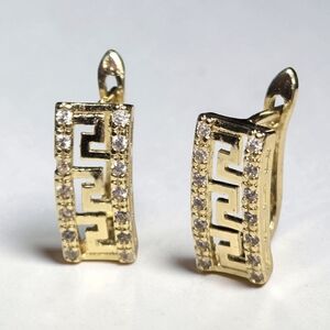New 14k Gold Plated Luxury Greek Key Motif Pave Crystal Huggie Earrings